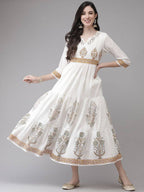 Yufta White Ethnic Printed Flared Dress | Grocsy