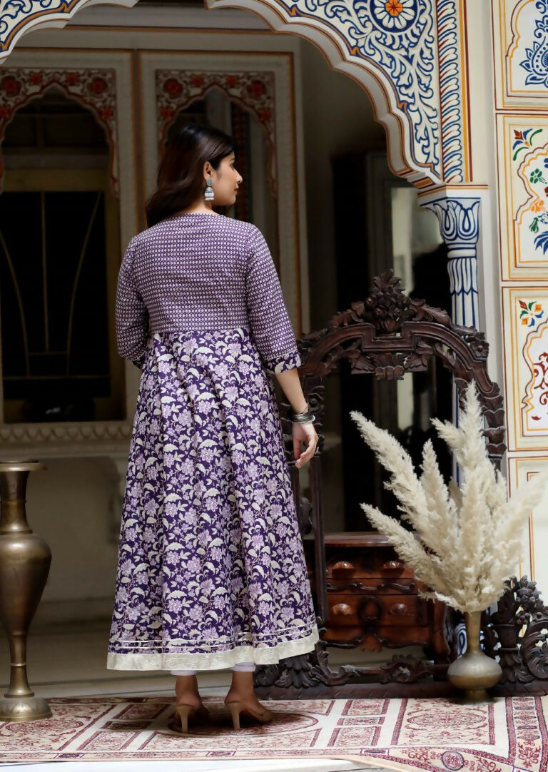 Miravan Women's Purple Cotton Floral Gota Lace Work Anarkali Kurta | Grocsy