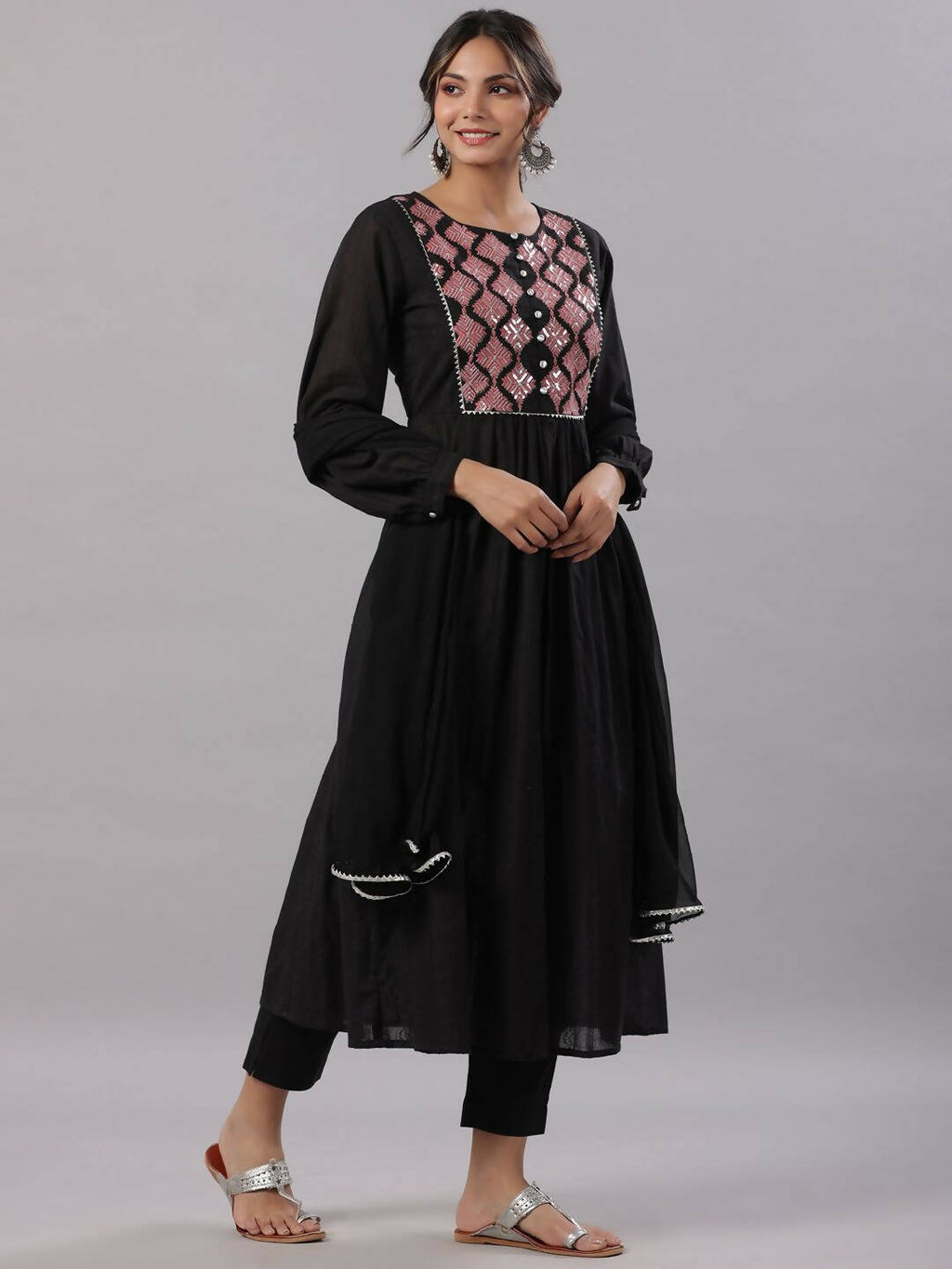 Juniper Women's Black Cotton Dobby Solid With Embroidery Flared Kurta Sets | Grocsy