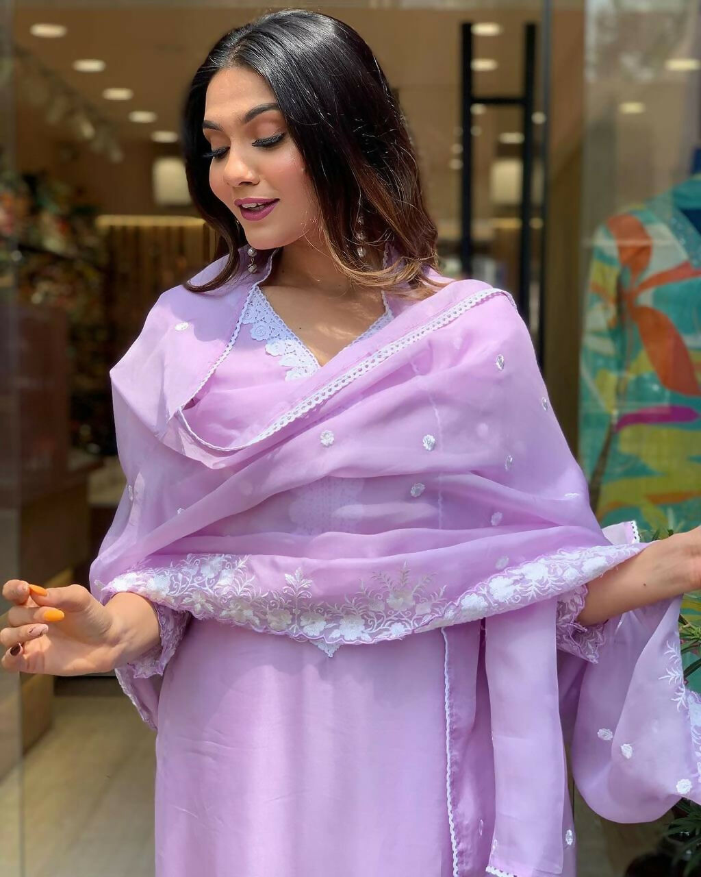 The52 Lavender Women's Gorgeous Embroidered Georgette Fabric Straight Kurta Pant with Dupatta Set | Grocsy