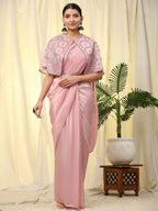 Pink Satin Solid Ready to wear Saree with stitched Blouse - Vanita | Grocsy