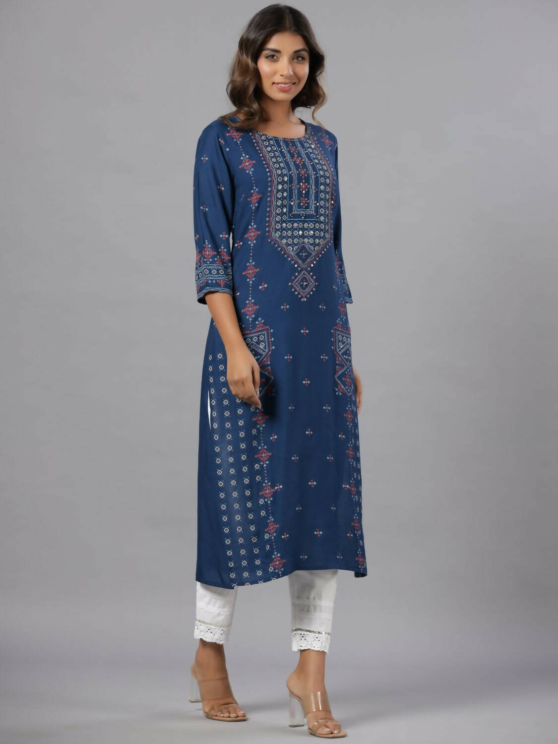 Juniper Women Navy Blue Printed Straight Kurta | Grocsy