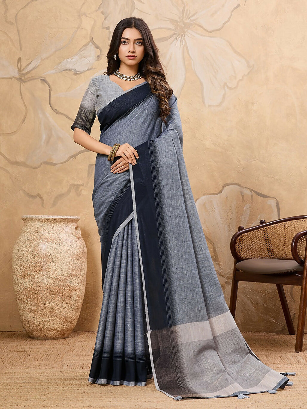 Shree Shyam Fashion Denim Grey Linen Saree | Grocsy