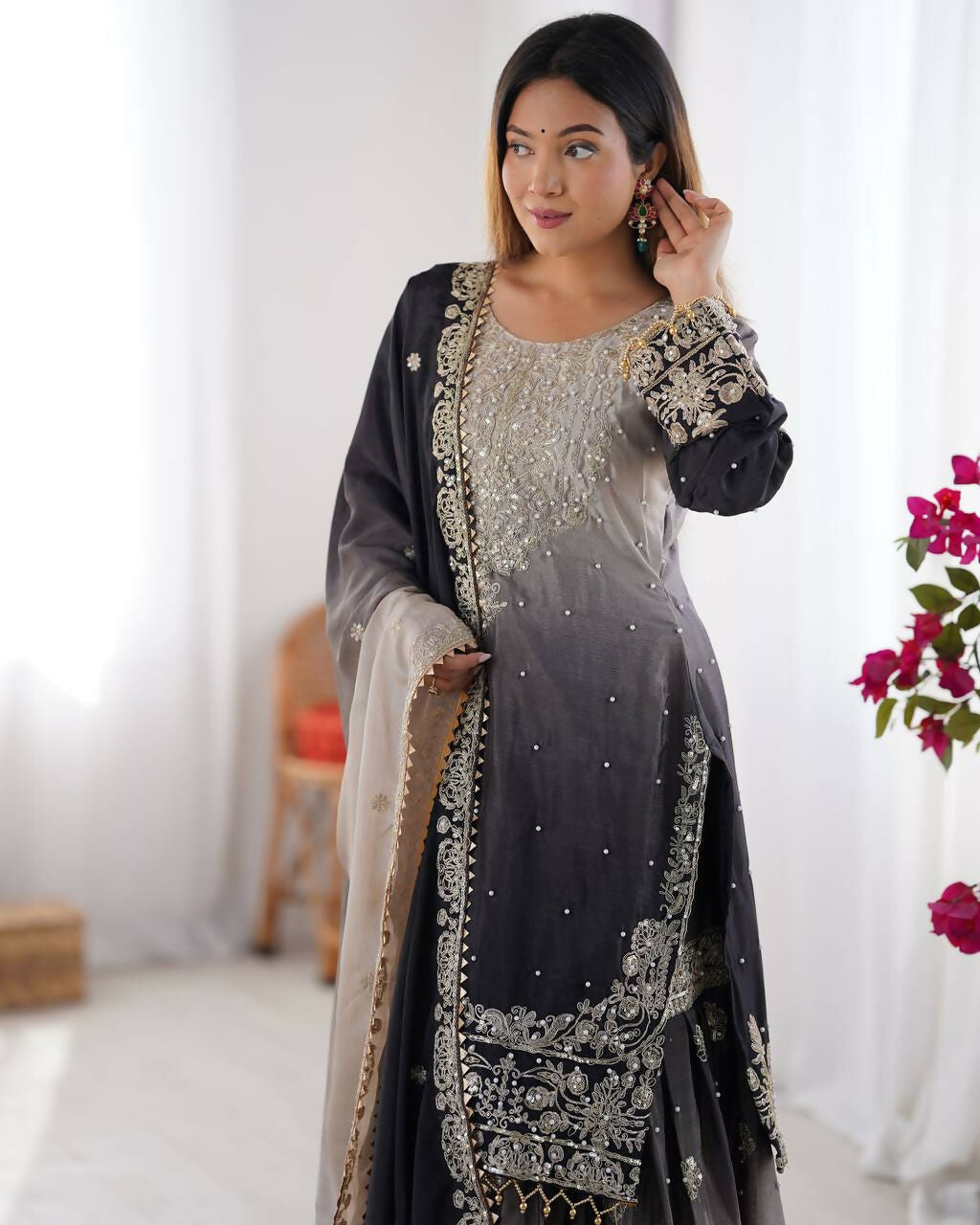 The52 Women's Beautiful Chinon silk Fabric Embroidery Work Straight Kurta Palazzo and Dupatta Set | Grocsy