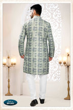 Joban Fashion Men's Green & Blue Straight Silk Thread And Sequence Embroidery All Over Kurta Set | Grocsy