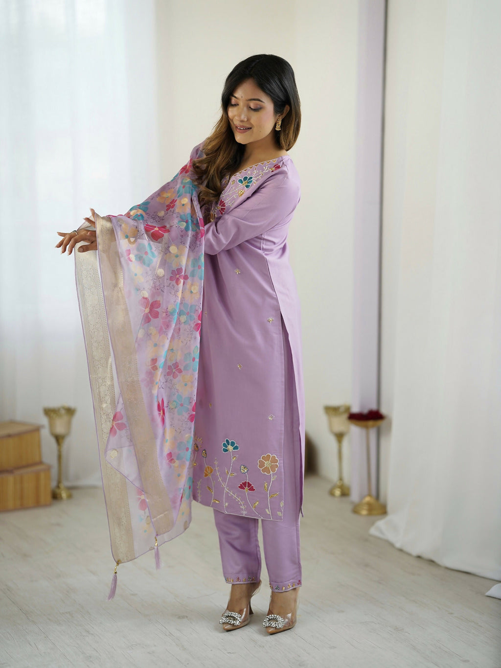 The52 Lavender Women's Gorgeous Embroidered work Viscose Gadhwal Fabric Straight Kurta, Pant and Dupatta Set | Grocsy