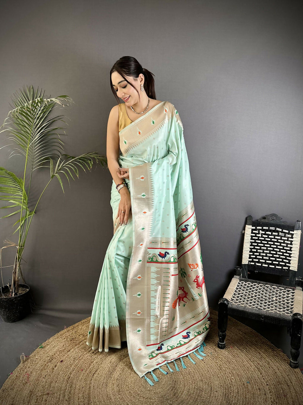 Joban Fashion Sea Green Peacock & Floral Motifs Soft Lichi Silk Kanchipuram Saree | Grocsy