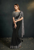 Black Silk Crepe Satin Cord Sequence & Thread Embroidered & Stone Work Saree - Moh-Manthan Royal Enigma | Grocsy