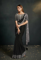 Black Silk Crepe Satin Cord Sequence & Thread Embroidered & Stone Work Saree - Moh-Manthan Royal Enigma | Grocsy