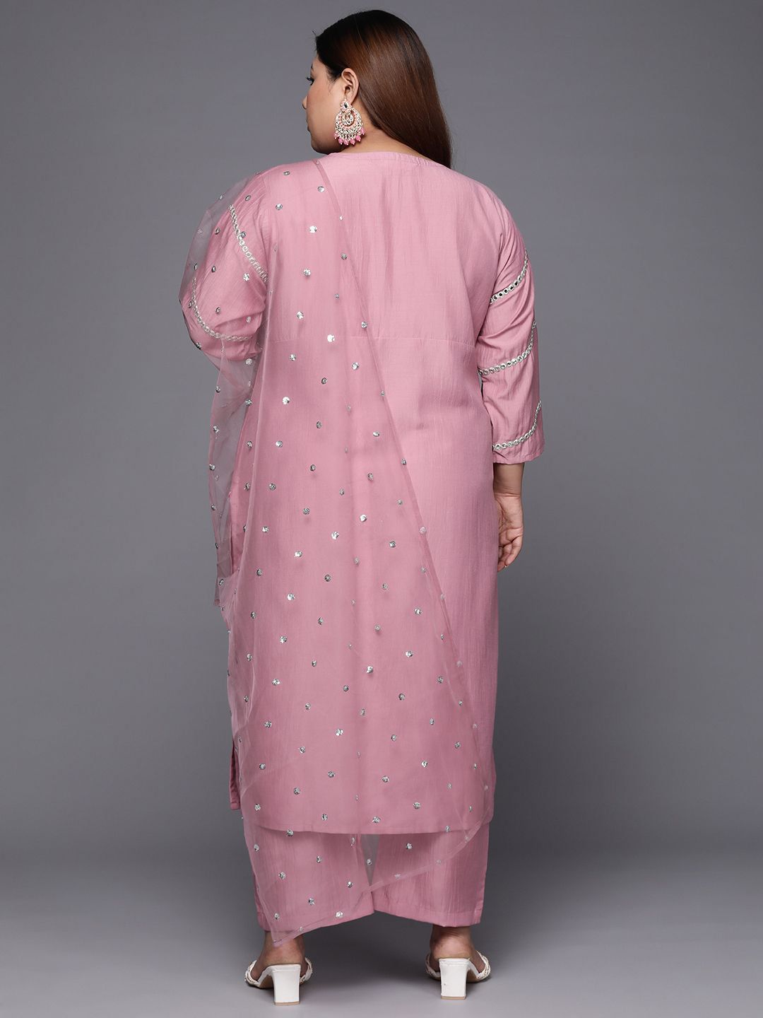 Sztori Plus Size Ethnic Motifs Embroidered Mirror Work Straight Kurta & Trousers & Dupatta | Grocsy