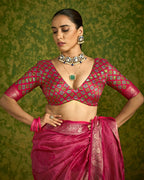 Joban Fashion Pink Velvet Tussar Silk with Foil Print Saree | Grocsy