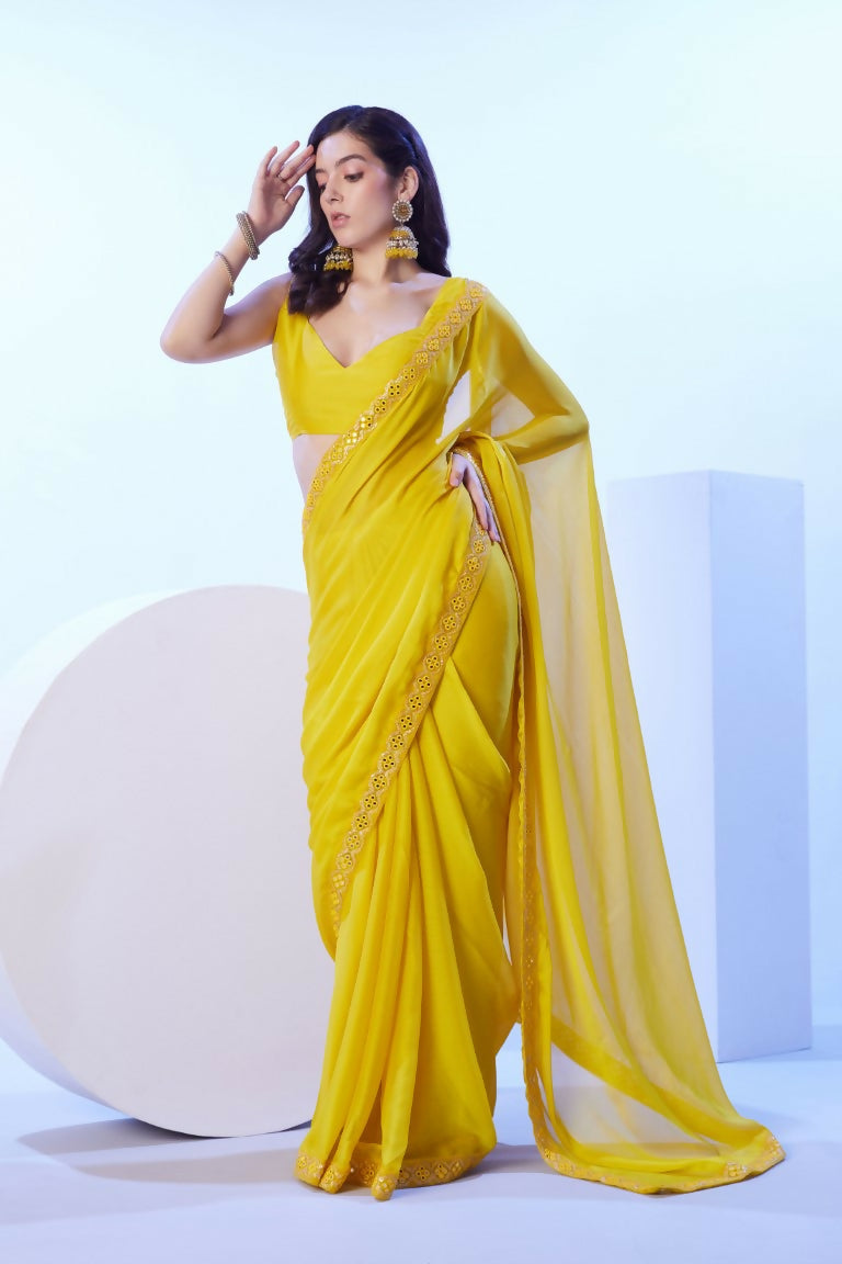 Yellow Moss Solid Designer & Lace Work Saree - Samaa | Grocsy