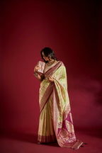 Joban Fashion Cream & Parrot Green Plain With Weaving Border Banarasi Silk Sarees | Grocsy