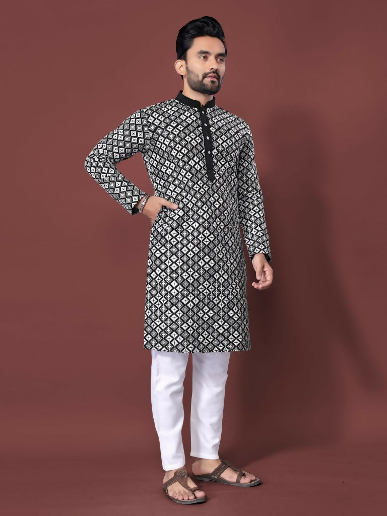 Black Embroidered Mens Kurta with Pajama by Infinity Export | Grocsy