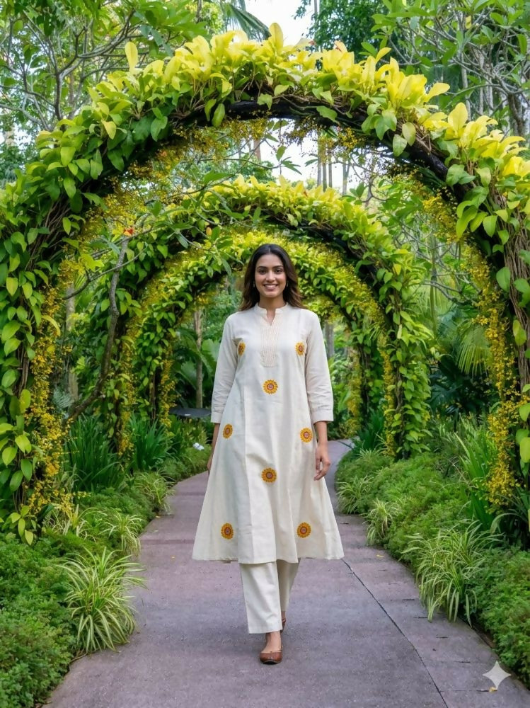 Teeya Creation New Latest Women Off-White & Yellow Embroidered Cotton A-Line Kurta with Trousers | Grocsy