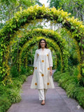 Teeya Creation New Latest Women Off-White & Yellow Embroidered Cotton A-Line Kurta with Trousers | Grocsy