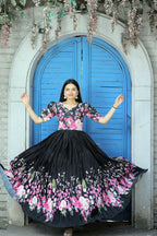 Jyoti Fashion Women's Black Floral Digital Printed Chinon Anarkali Dress | Grocsy