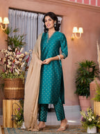 Juniper Women's Rama Green Ethnic Motif Printed Cotton Kurta Pant And Dupatta Set With Zari Work | Grocsy