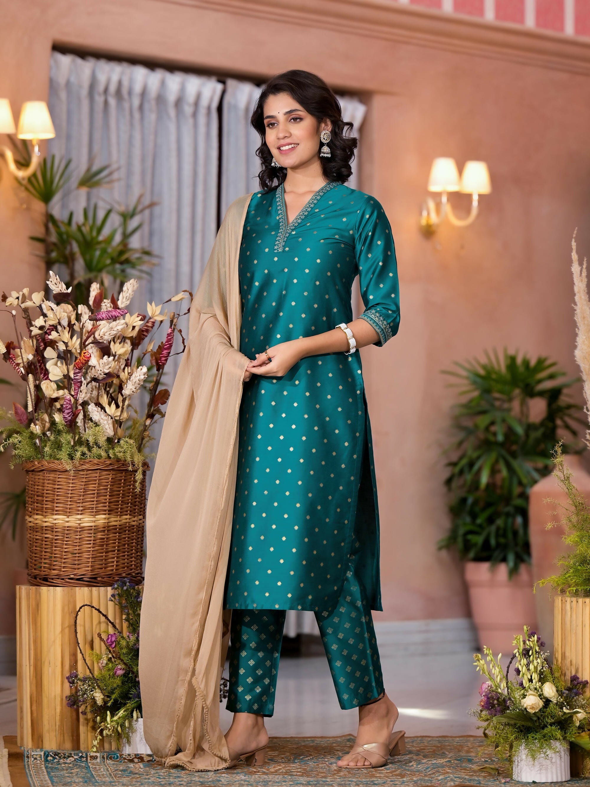 Juniper Women's Rama Green Ethnic Motif Printed Cotton Kurta Pant And Dupatta Set With Zari Work | Grocsy
