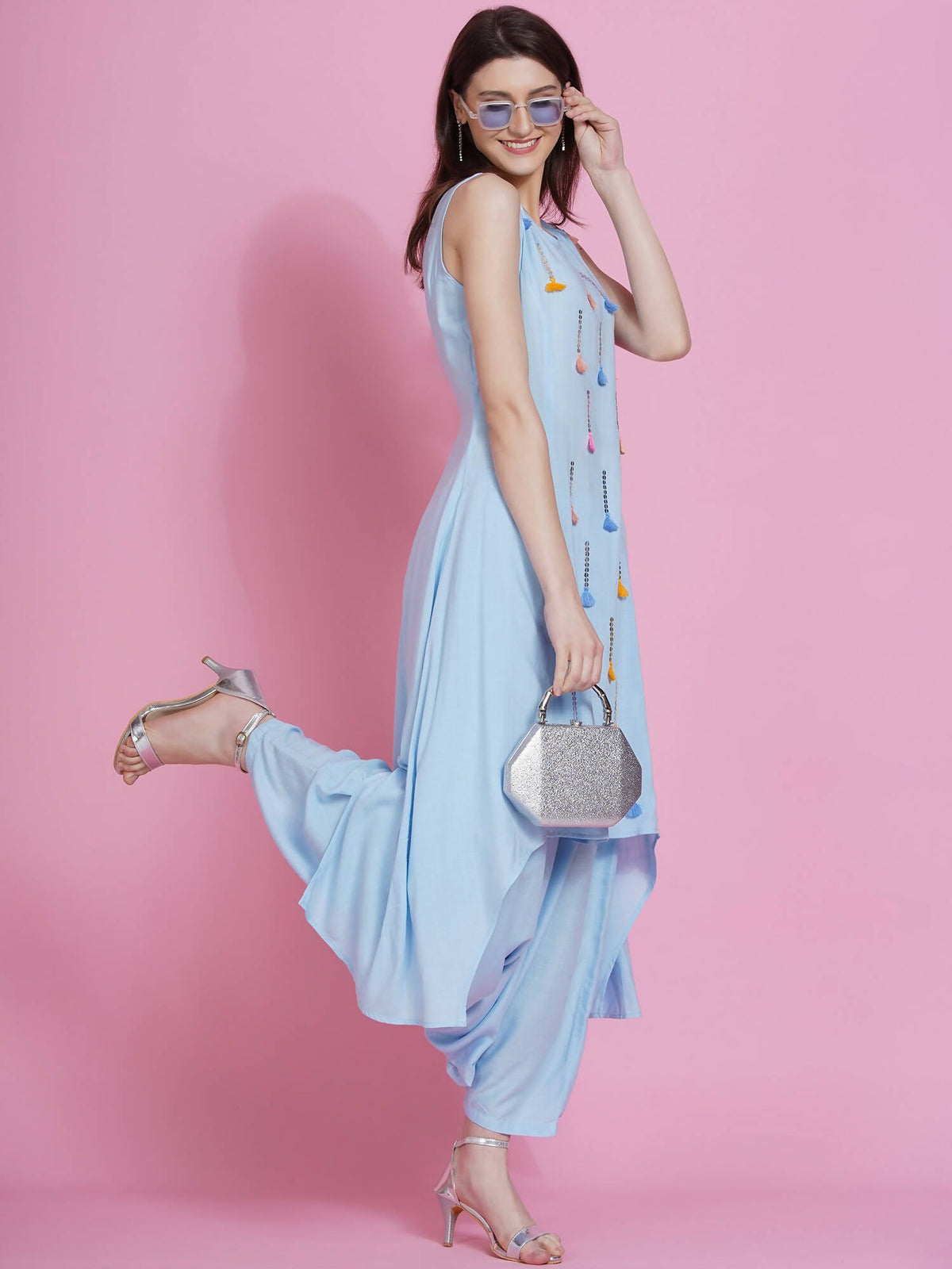 Women Republic Powder Blue Hand Embellished Kurta With Harem Pants | Grocsy