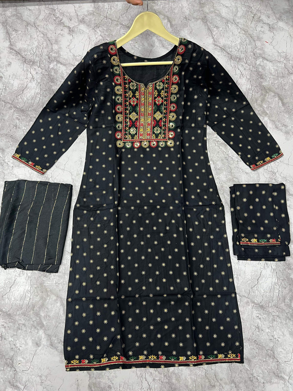 Jyoti Fashion Women's Black 14KG Rayon Foil Print with Embroidery Kurta Set | Grocsy