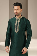 Raivat Ethnic Banarasi Art Silk Mirror Work Kurta Pajama In Dark Green Colour | Grocsy