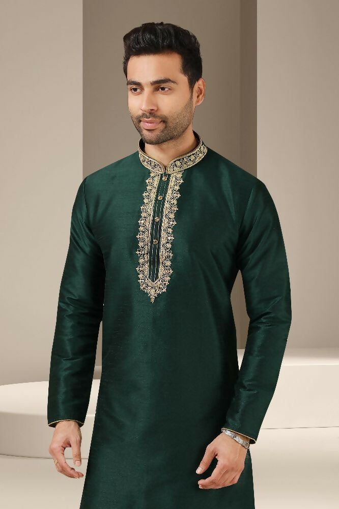 Raivat Ethnic Banarasi Art Silk Mirror Work Kurta Pajama In Dark Green Colour | Grocsy