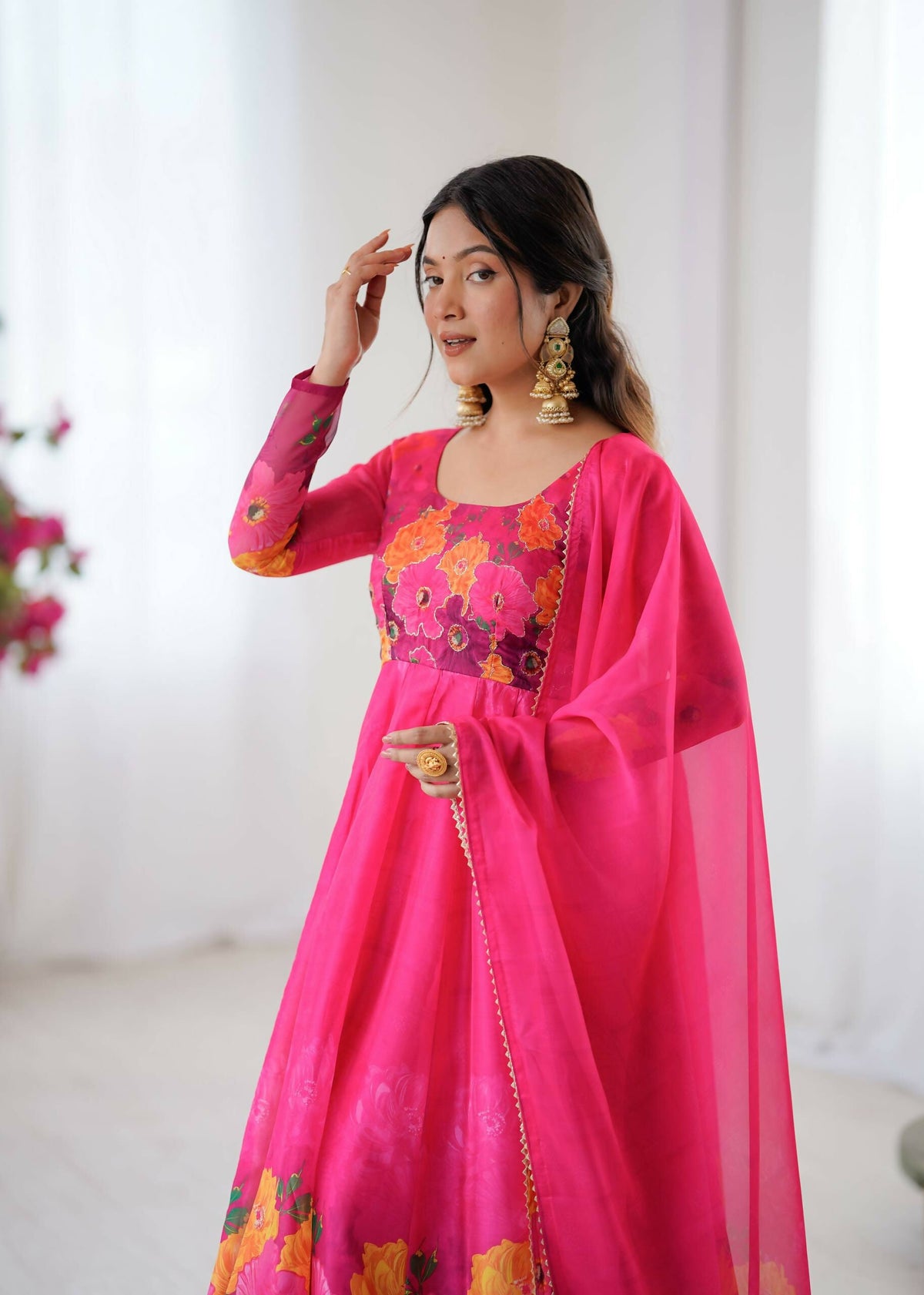 Teeya Creation Womens New Organza Soft Taby Silk Heavy Quality Fabric With Digital Print Pink Gown Set | Grocsy