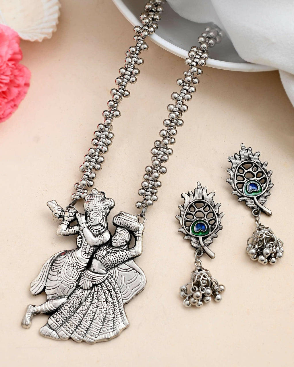 VOJ Silver Plated Oxidized Kanha Shape Long Necklace with Earring Set | Grocsy