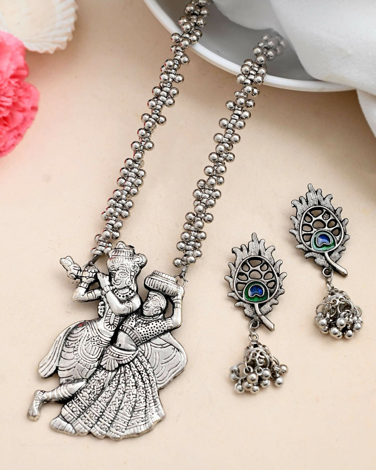 VOJ Silver Plated Oxidized Kanha Shape Long Necklace with Earring Set | Grocsy