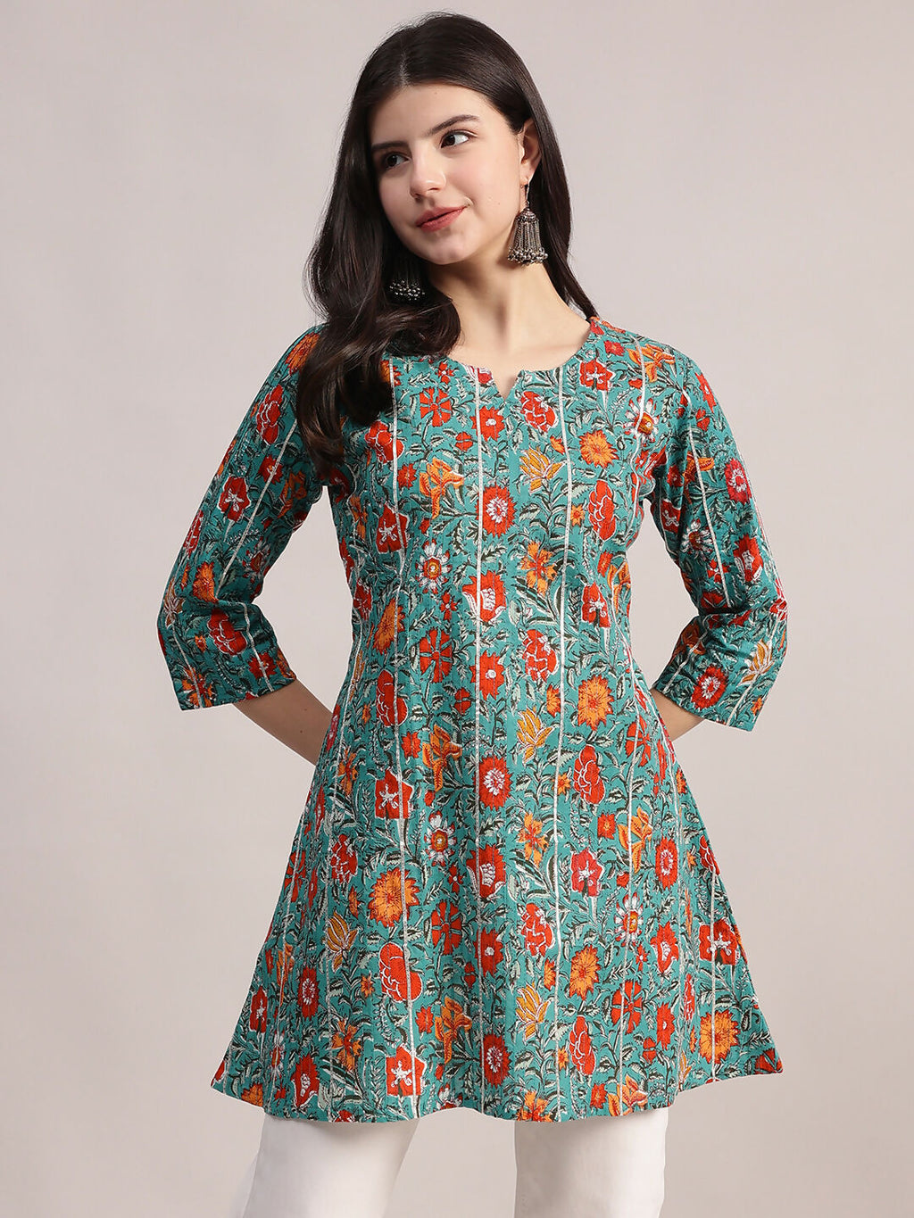 Aavyora Women's Teal Green Cotton A-Line Tunic with Red Floral Print and All-Over Pintuck Details | Grocsy