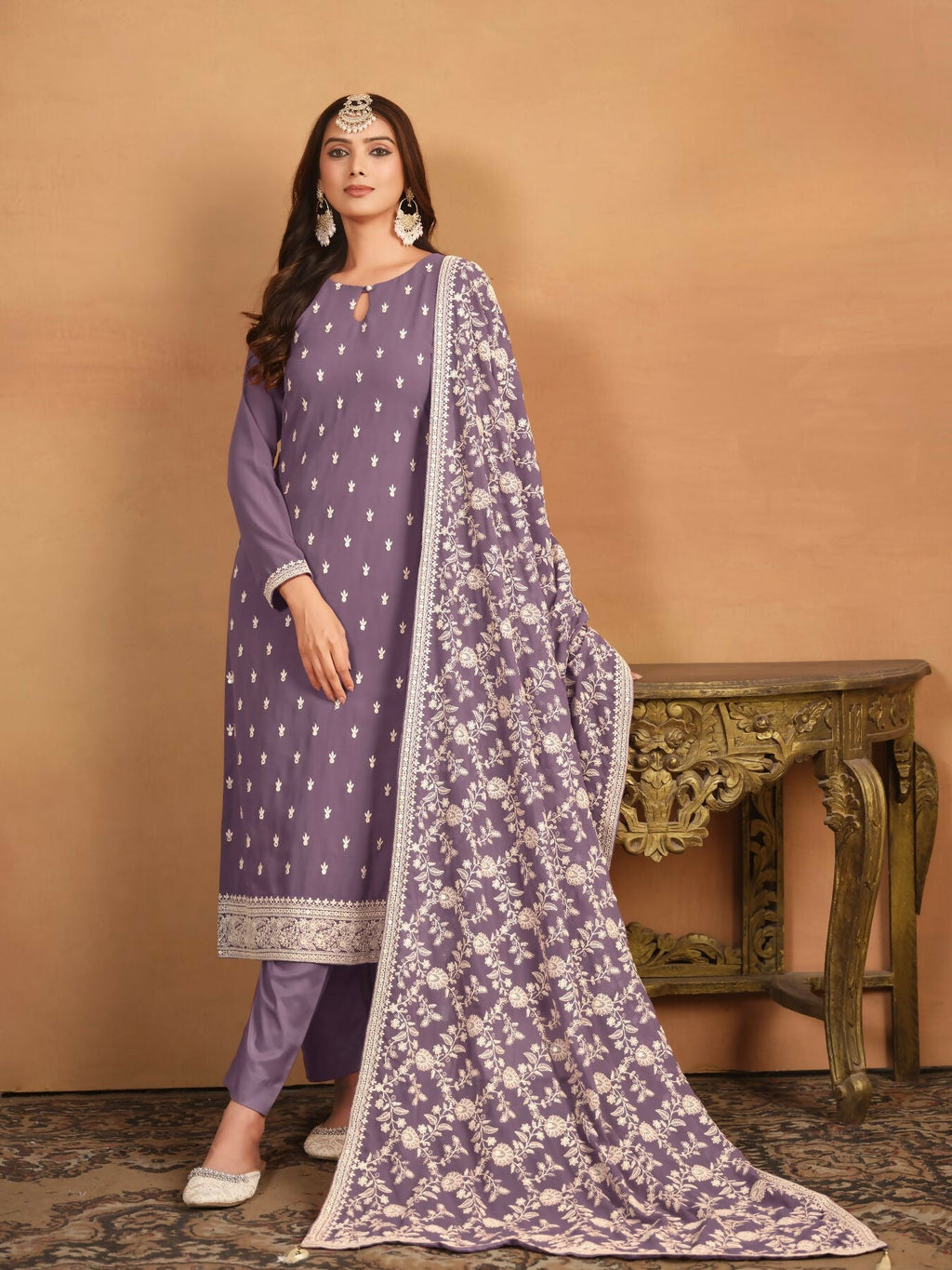 Anaita Lavender Embroidered Faux Georgette Salwar Suit | Grocsy
