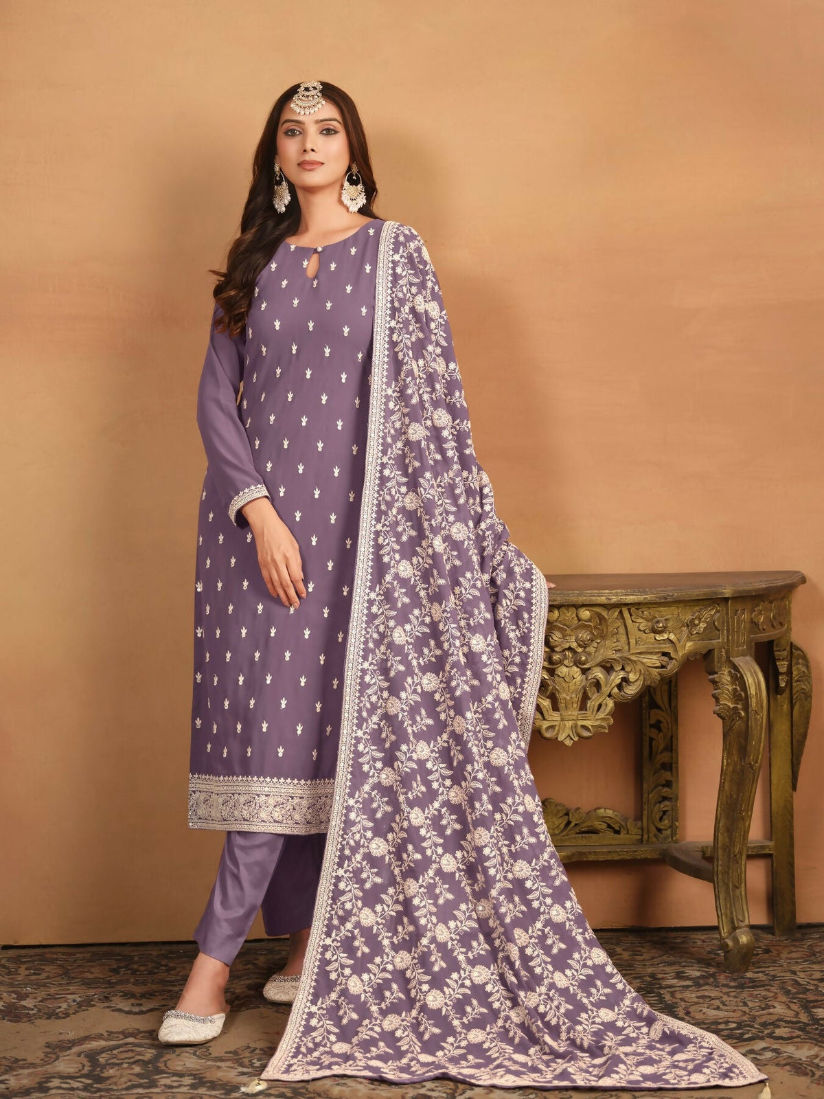 Anaita Lavender Embroidered Faux Georgette Salwar Suit | Grocsy