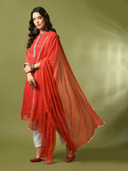 Myshka Women's Red Printed Kota Straight Party Kurta Set With Dupatta | Grocsy