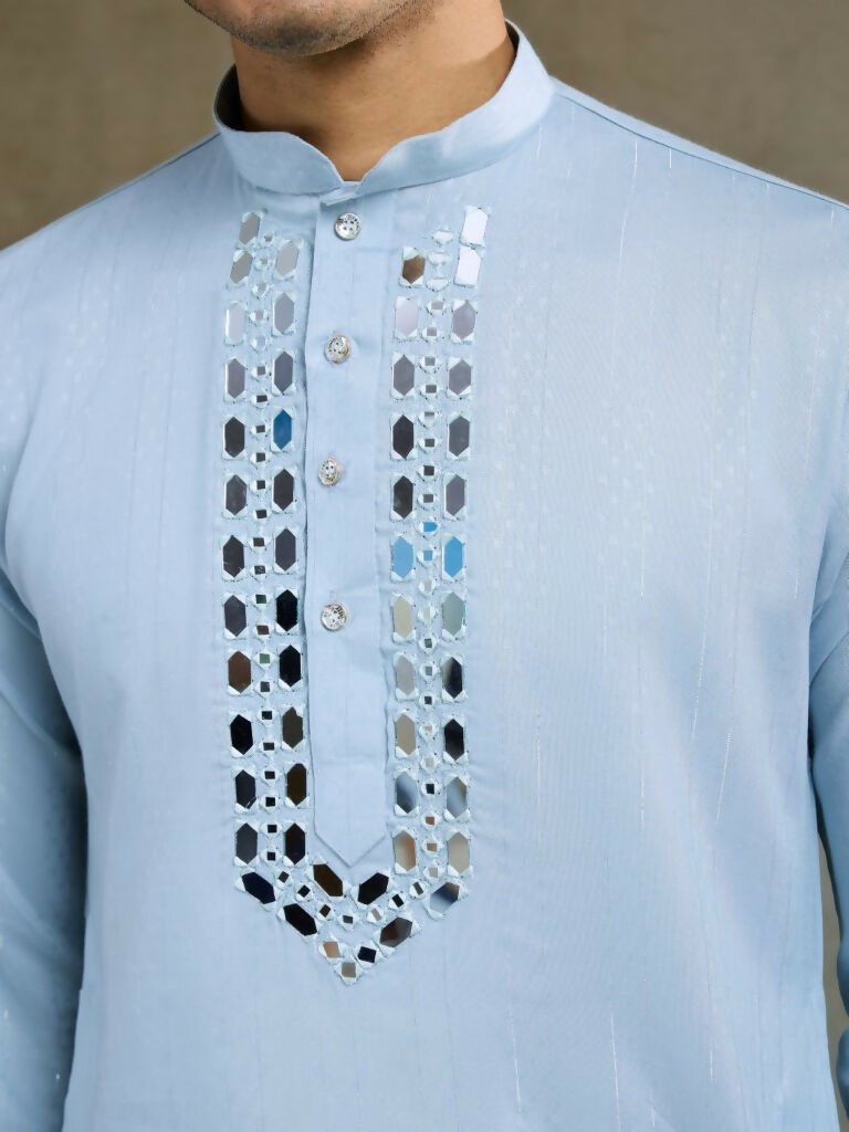 Vastranavya Sky Blue Exclusive Viscose Silk Festival Wear Real Mirror Work Kurta with Dupatta | Grocsy