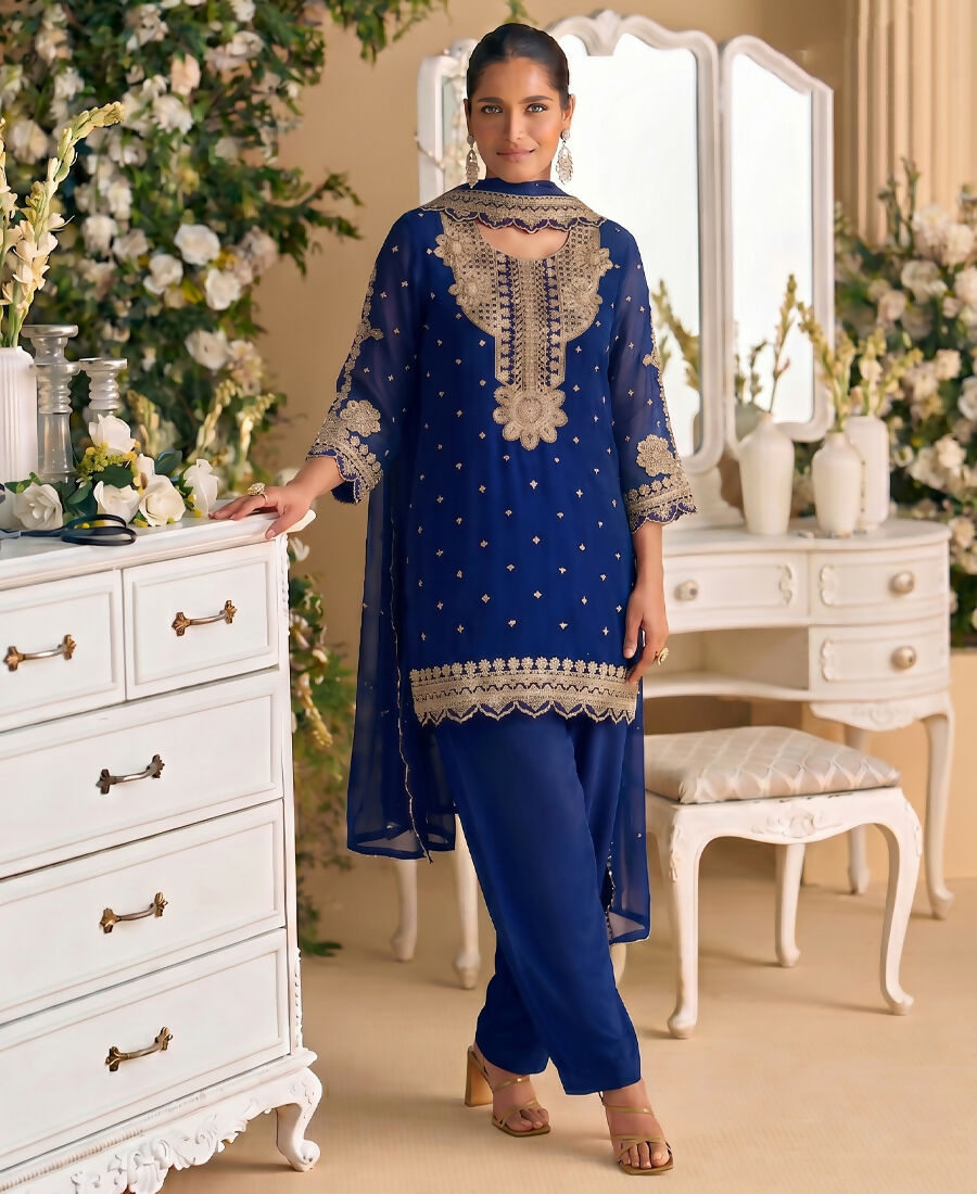 KC New Georgette Short Salwar Kameez Pakistani Style Navy Blue | Grocsy