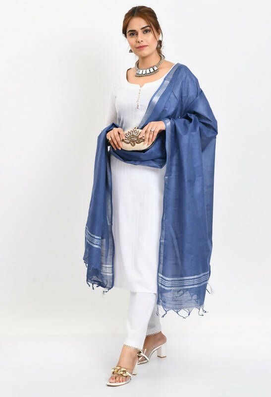 Mominos Fashion Moeza Women's Linen Cotton Silver Border Blue Dupatta | Grocsy