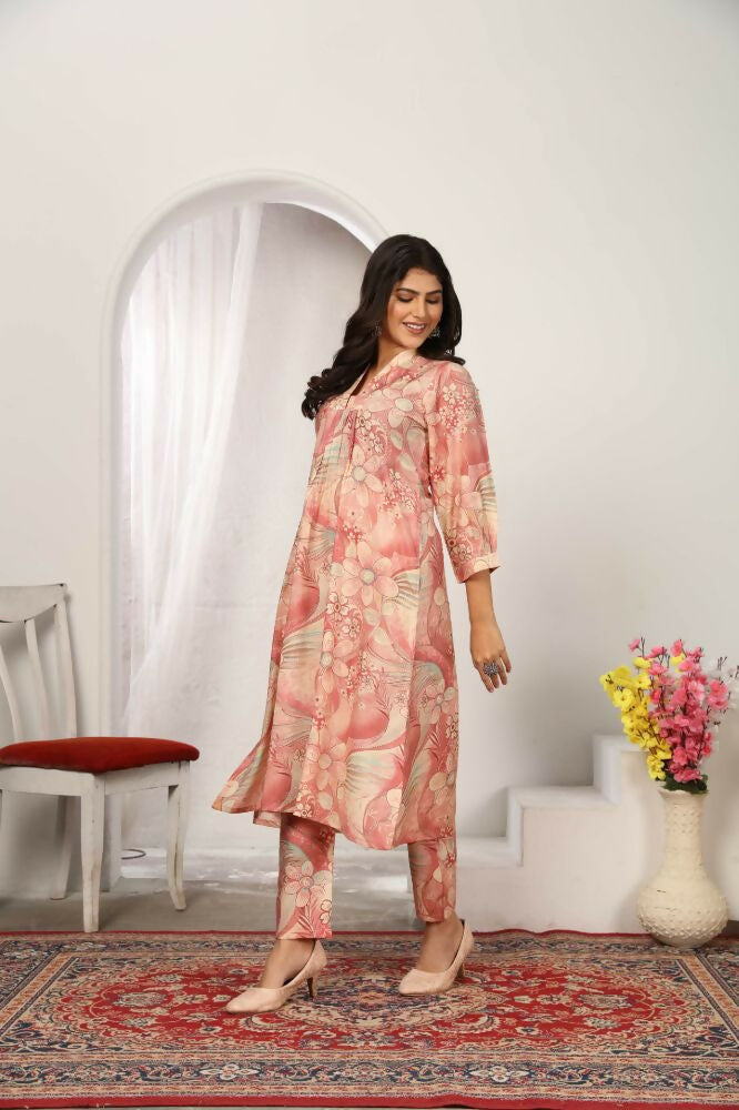 Jyoti Fashion Women's Peach Rayon Floral Print with Side Pocket Kurtis & Sets | Grocsy