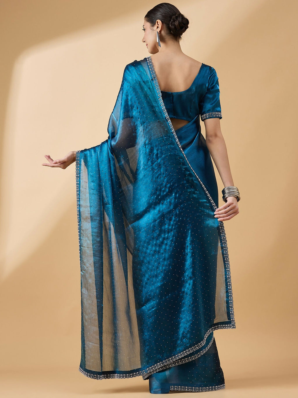 Teal Organza Swaroski Diamond Work Saree with Unstitched Blouse - Radha | Grocsy