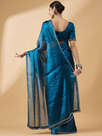 Teal Organza Swaroski Diamond Work Saree with Unstitched Blouse - Radha | Grocsy