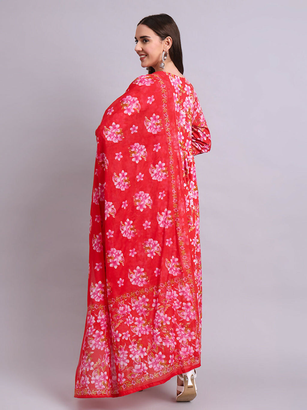 Joban Fashion Red Cotton Floral Printed & Embroidery Work Anarkali Dress With Dupatta Set | Grocsy