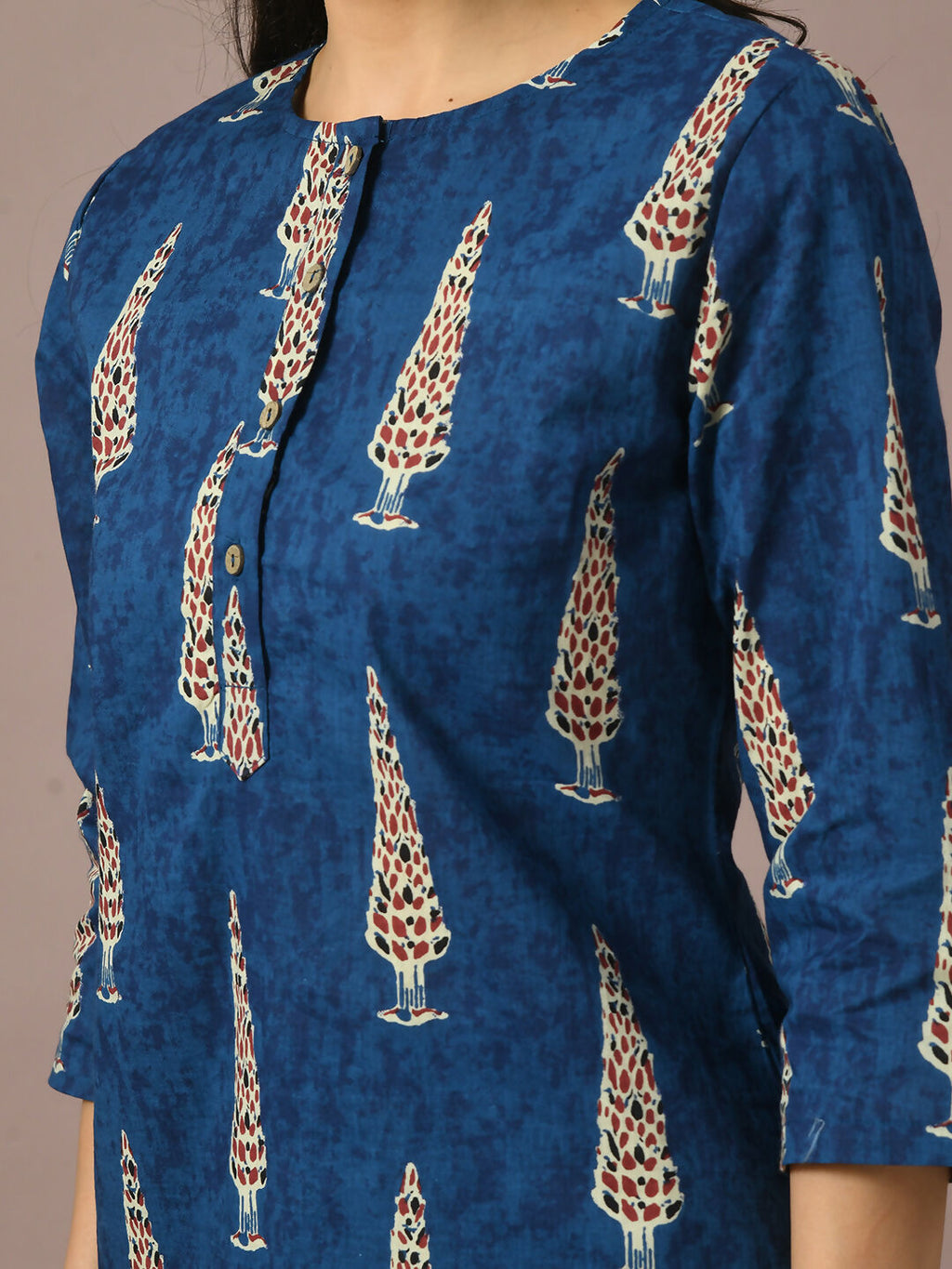 Myshka Women's Blue Printed Cotton Round Neck Party Tunic With Trousers Co-ord set | Grocsy