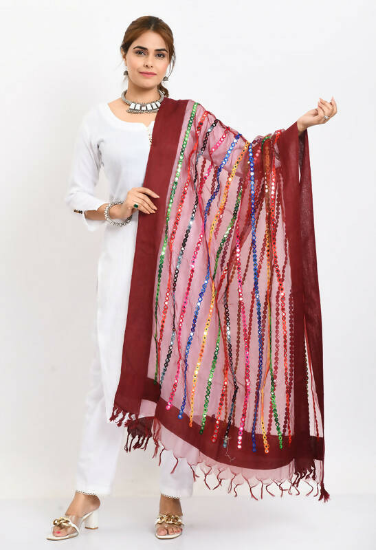 Mominos Fashion Moeza Women's Orgenza Multi Thread Mirror Work Maroon Dupatta | Grocsy