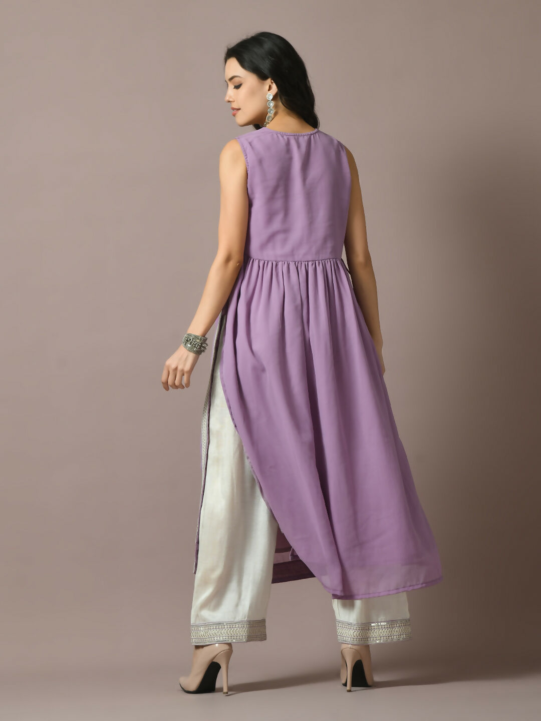 Myshka Women's Lavender Solid Georgette Anarkali Party Kurta Set | Grocsy