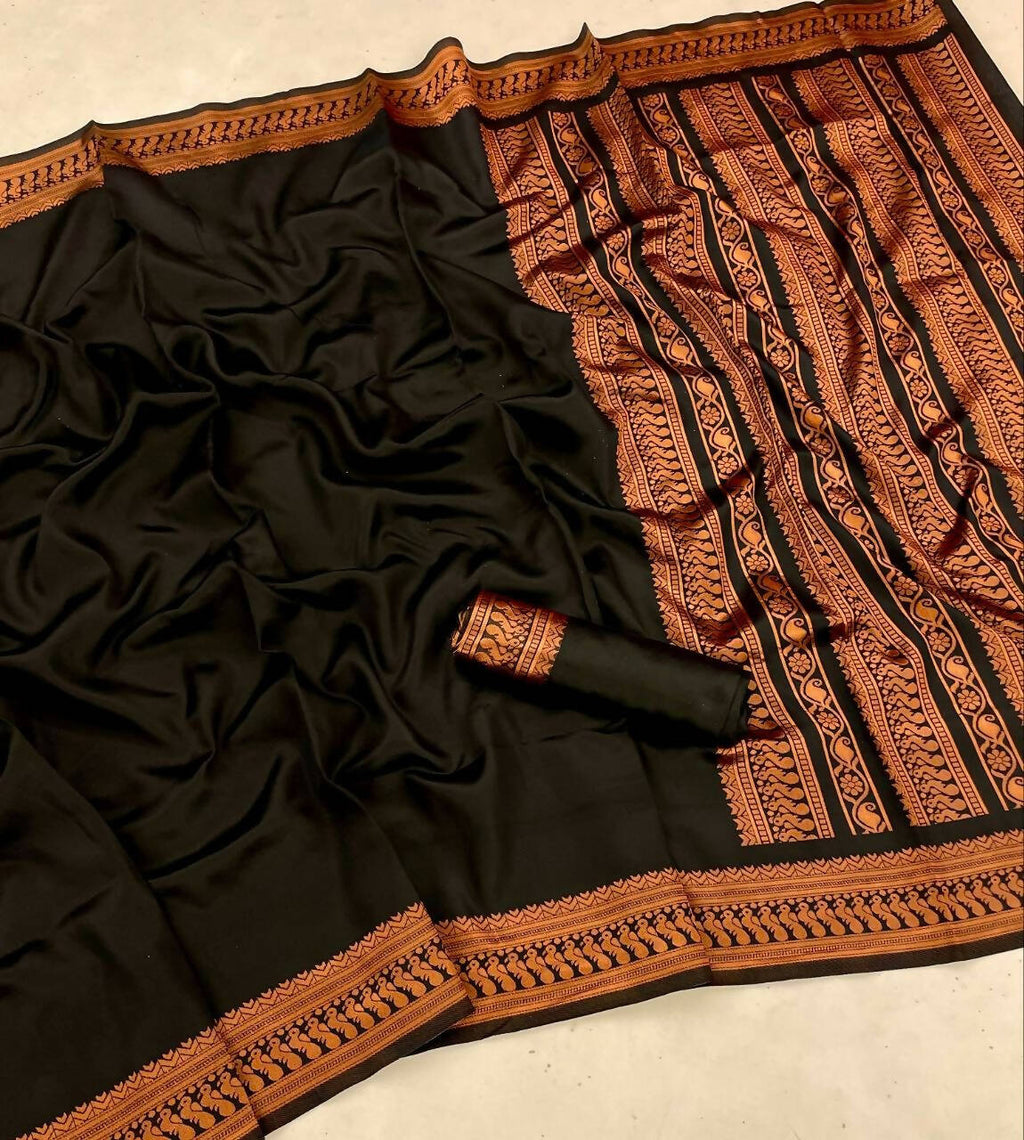 DEIANA'S Beautiful Designer Golden zari Soft Lichi Silk Saree - Black | Grocsy