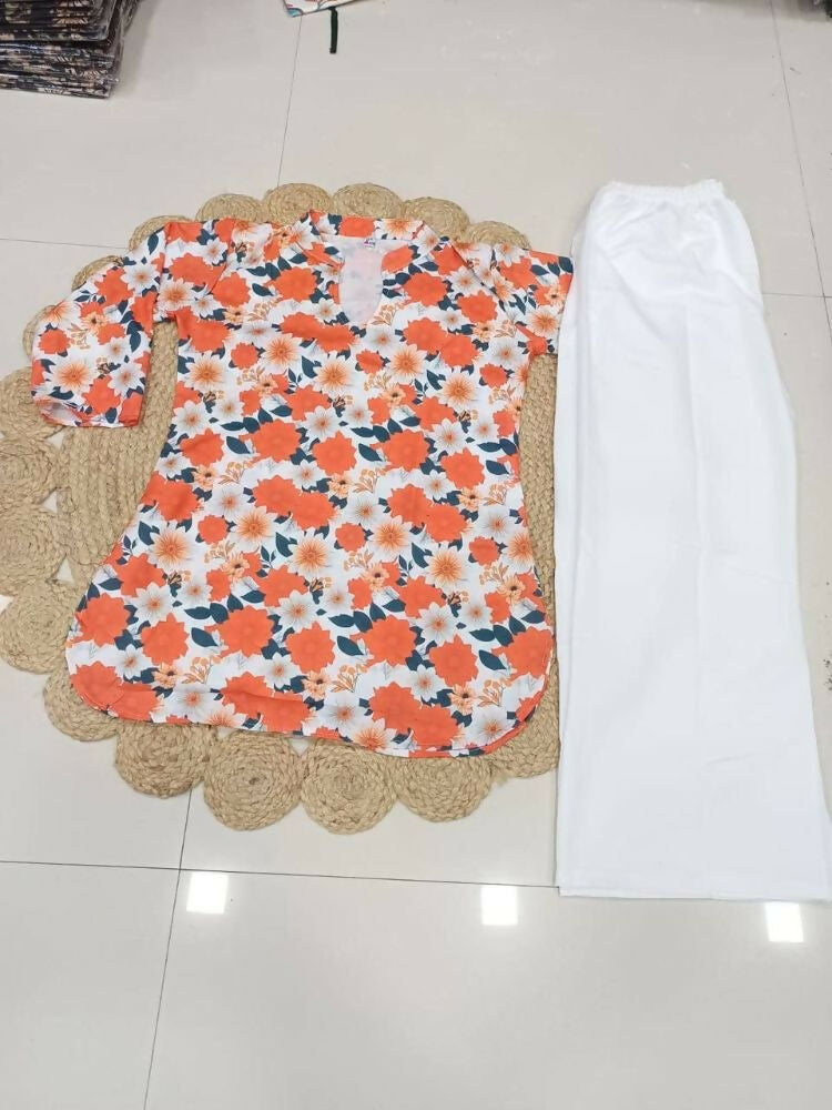 Teeya Creation Womens New Trendy Orange Flower Floral Printed Short Kurti with Beige Palazzo Set | Grocsy