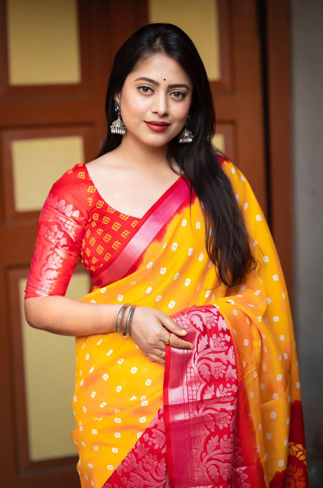 Yellow Jute Silk Printed Saree with Unstitched Blouse - Hiral Fashion | Grocsy