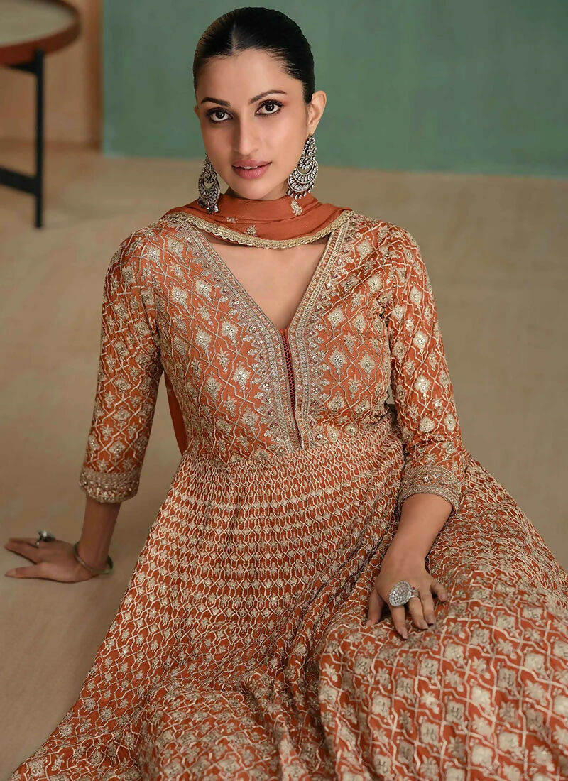 Vastranavya Brown Georgette Seroski Diamond Embroidered Sequins A Line Stunning Anarkali Suit | Grocsy