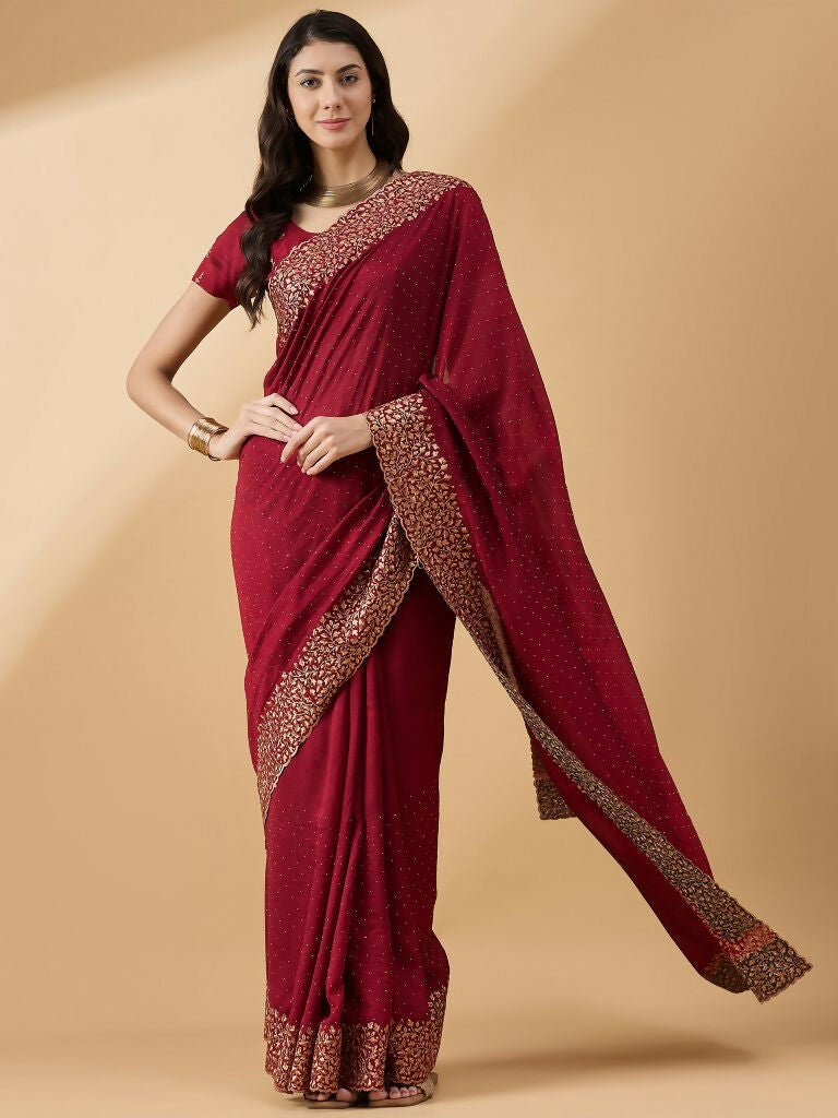 Maroon Silk Blend Embroidered Saree with Unstitched Blouse - Vairagi | Grocsy