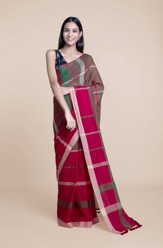 Suta Women Maroon Green Pure Handloom Cotton Saree | Grocsy